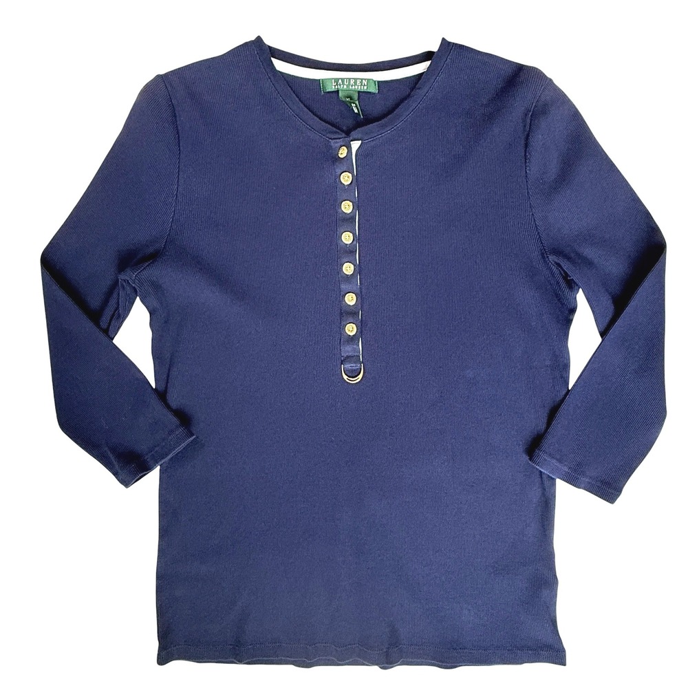 Ralph Lauren Womens  Henley Top XL Navy Blue Ribbed Quiet Luxury Preppy Nautical